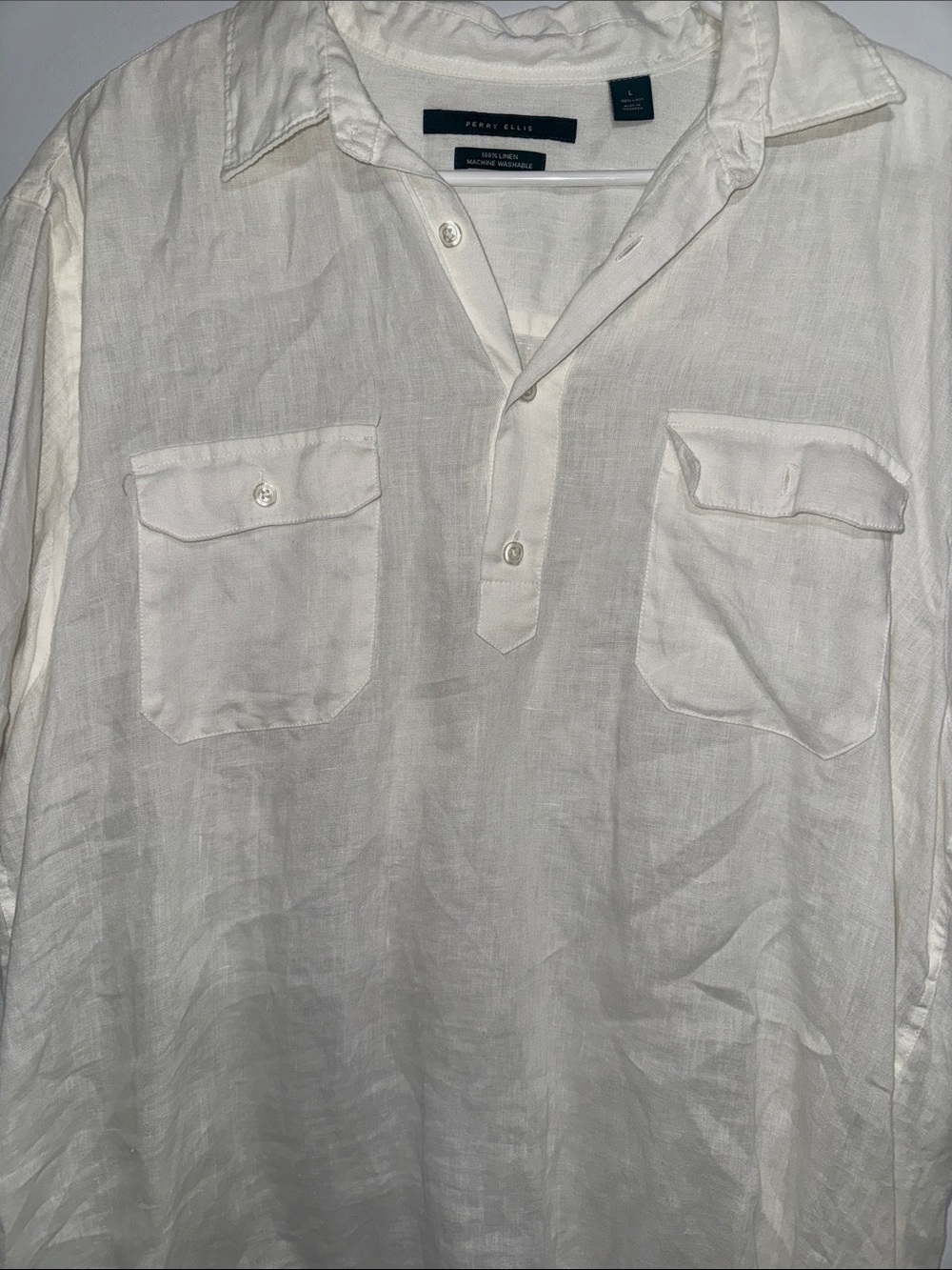 Perry Ellis White Linen Button-Front Casual Shirt